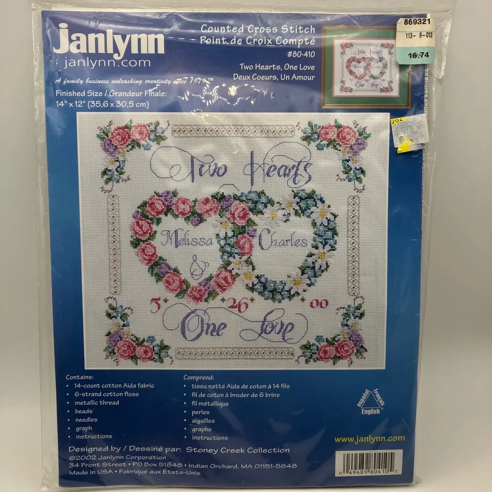 Janlynn Counted Cross Stitch Kit Two Hearts One Love Wedding Anniversary‎ 80-410